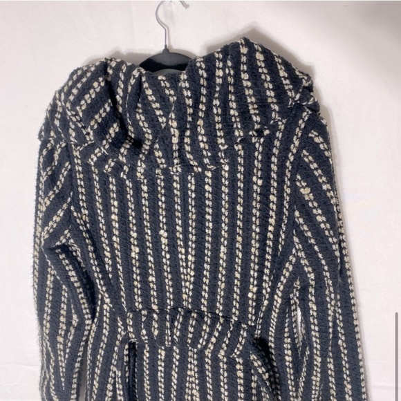 Zara Basic Black Cream Striped Textured Knit Bubble Collar Belted Jacket M - Picture 9 of 16